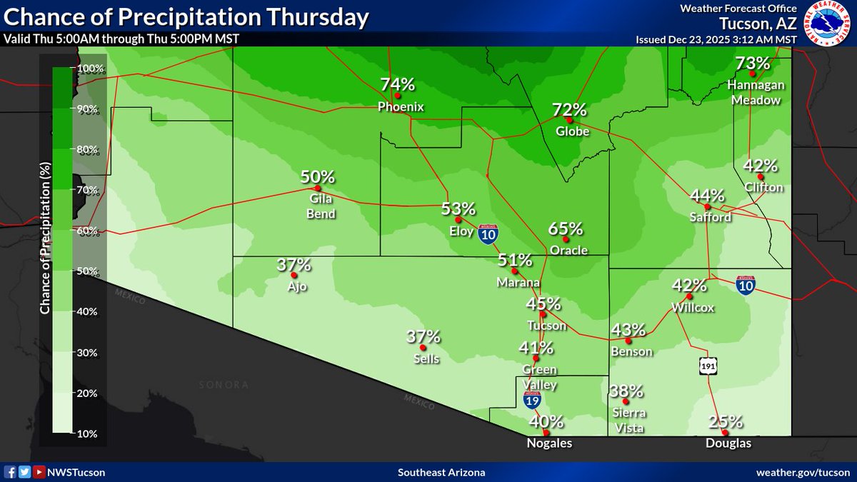 NWSTucson's tweet image. Changeable weather incoming🎄🌧️

🌡️Warm temps today w/ considerable clouds &amp;amp; a few breezes. 

🌧️Rain chances focus on tonight into Wed AM &amp;amp; then again Christmas Eve into Christmas Day. Rain amnts remain light (most locales less than 0.25" through Thu) with minimal impacts. #azwx