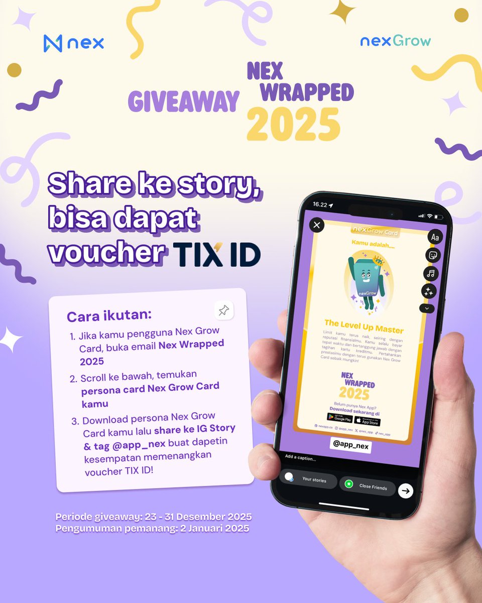 Nex Wrapped 2025 sudah hadir!

Bagikan persona card kamu ke instagram story dan dapatkan kesempatan memenangkan voucher TIX ID!

Cek email kamu yaa

#nexwrapped #nex