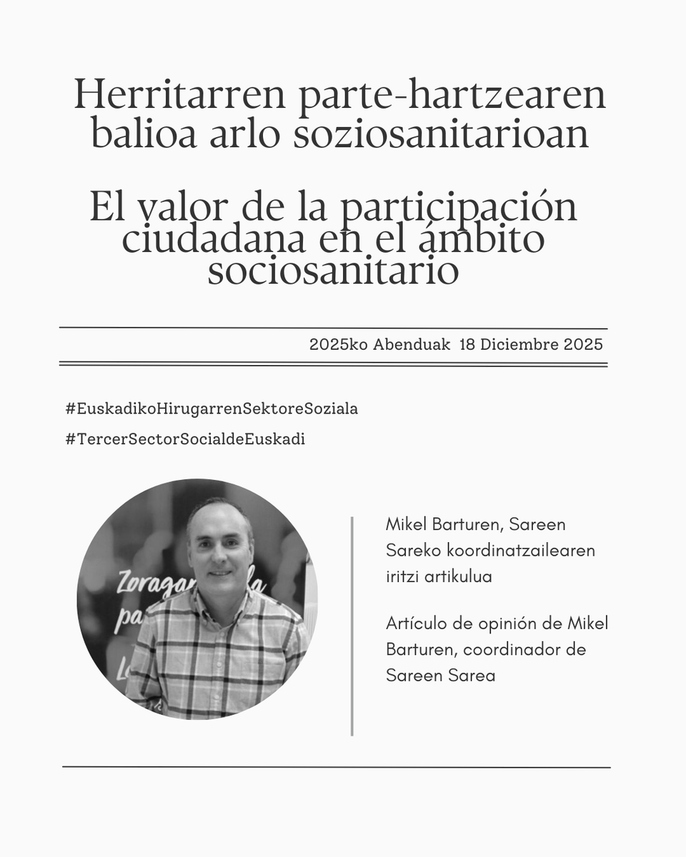 🌟 Herritarren ahotsa garrantzitsua da
👉 Bere artikuluan, Sareen Sareko koordinatzaile Mikel Barturenek herritarrek eremu soziosanitarioan duten parte-hartze aktiboaren balioaz hausnartu du. 🌱👥

🔗 arretasoziosanitarioa.euskadi.eus/blog-sarrera/2…