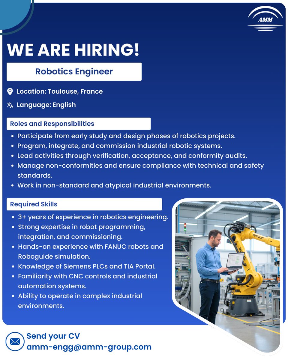 Amm_Enterprise's tweet image. Exciting opportunity! 

#AMMEnterprisegmbh #AMMGroup #RoboticsEngineer #Robotics #IndustrialAutomation #AutomationEngineering #Siemens #TIAportal #PLC #CNC #Commissioning #SmartFactory #ManufacturingJobs #EngineeringJobs #ToulouseJobs #Occitanie #FranceJobs #France #JobFrance