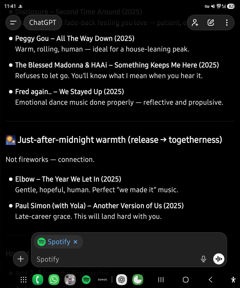 opusdeath's tweet image. ChatGPT seems to be getting worse. 

I connected it to Spotify. Asked it to suggest some tracks for a New Year's Eve playlist.

It did that but I believe every single suggestion was made up.