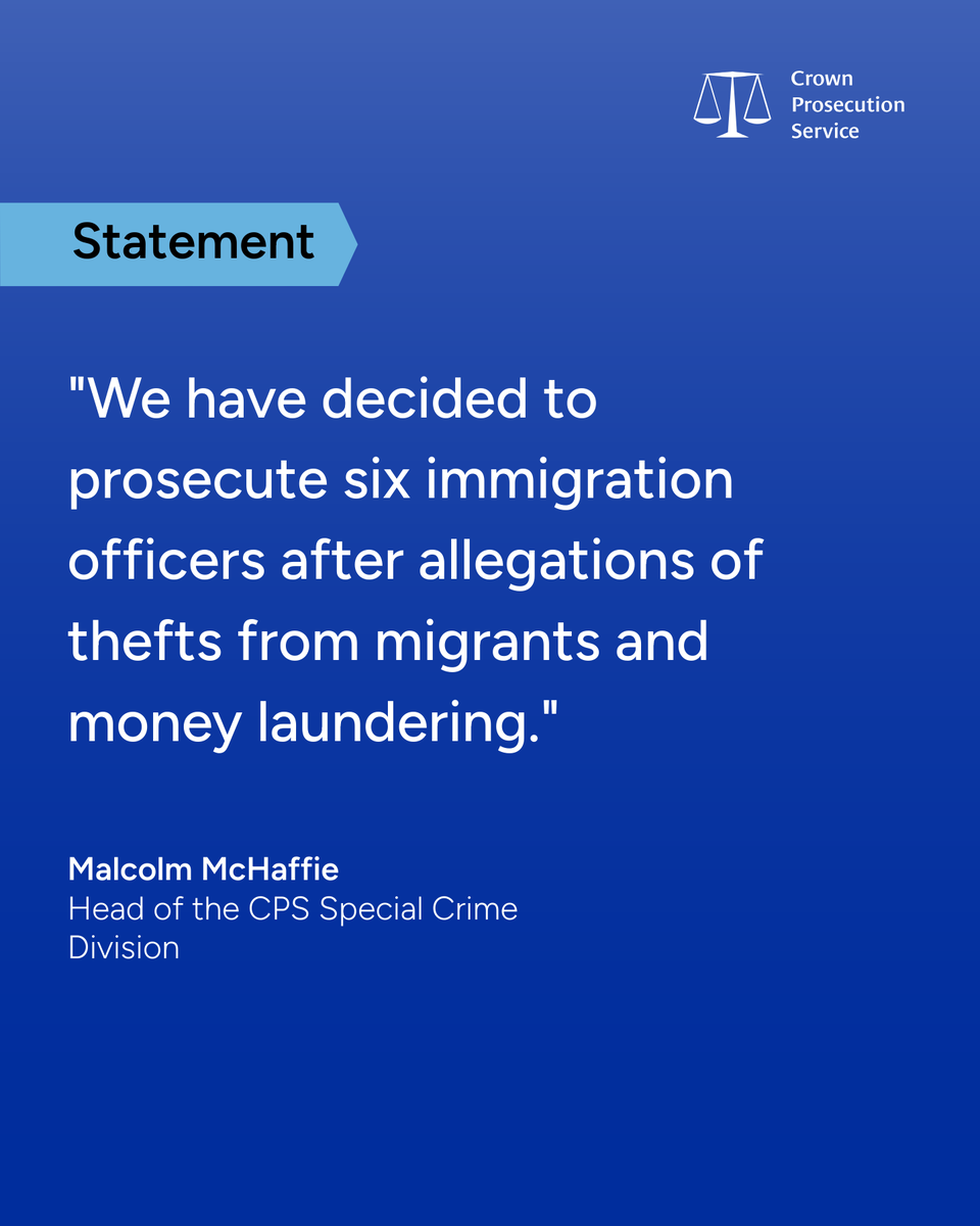 CPSUK's tweet image. ⚖️ Six immigration officers have been charged following allegations they stole from migrants and laundered money. 

All six defendants will appear at Westminster Magistrates’ Court on 29 January 2026.  

Read more 👉  orlo.uk/9sLqY