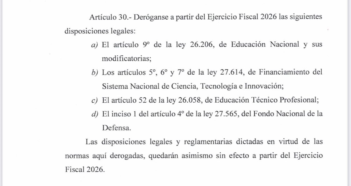 Este artículo de la ley de presupuesto viola el principio de no regresividad respecto del derecho a la educación y del derecho al desarrollo científico y tecnológico. 
Implica una regresión normativa objetiva sin ningún fundamento razonable. 
En el debate en Diputados no se