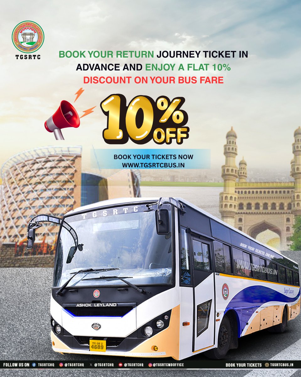 TGSRTCHQ's tweet photo. Advance Booking = Smart Booking! 💡
Book your return ticket in advance and get 10% OFF on your bus fare 🚍✨
🔗 https://t.co/Pqr2EOGmhI
#TGSRTC #10PercentOff #BusJourney #Telangana #Hyderabad #SmartTravel https://t.co/mds97EgrKn