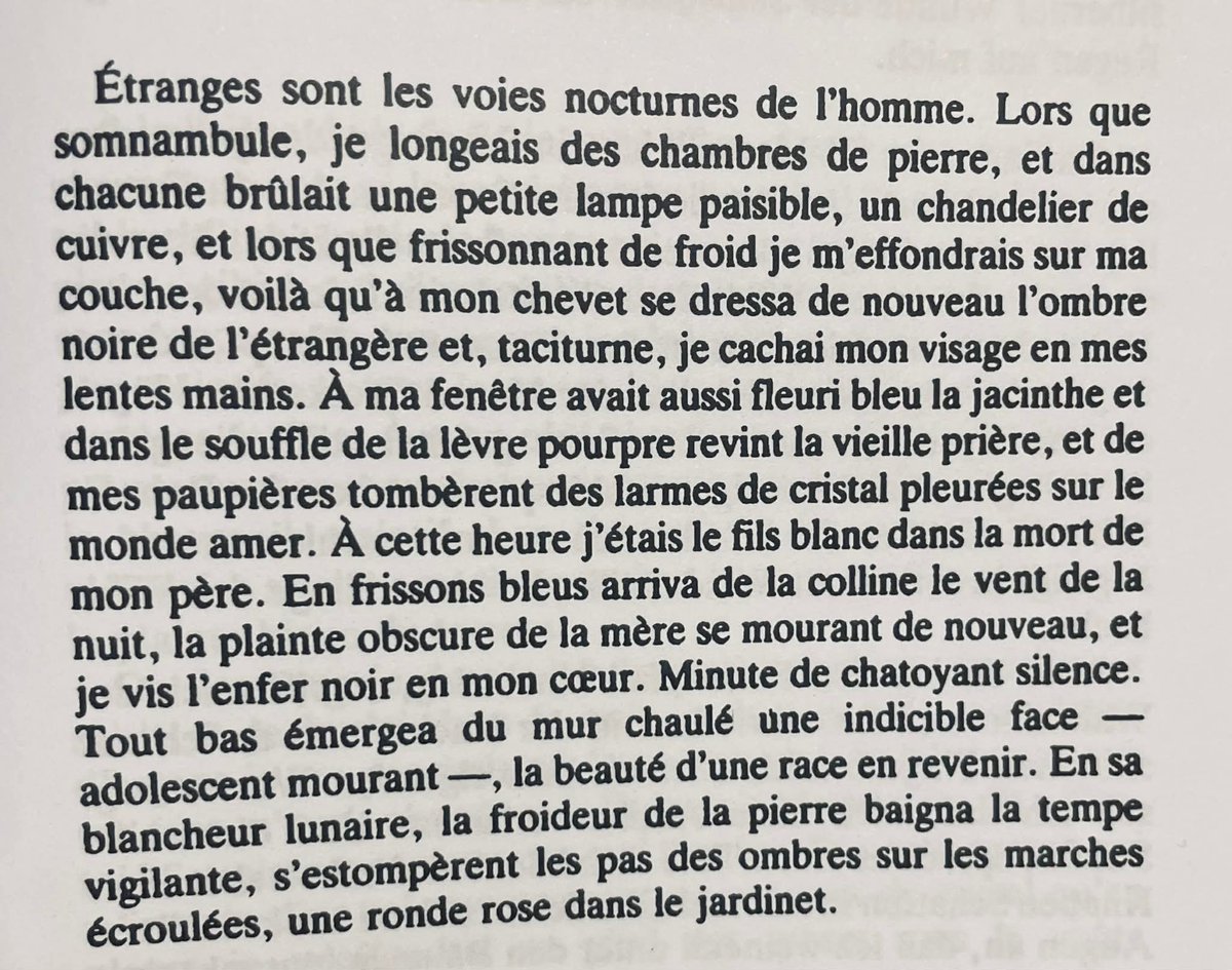 « À ma fenêtre avait aussi fleuri bleu la jacinthe et dans le souffle de la lèvre pourpre revint la vieille prière, et de mes paupières tombèrent des larmes de cristal pleurées sur le monde amer. »

Georg Trakl