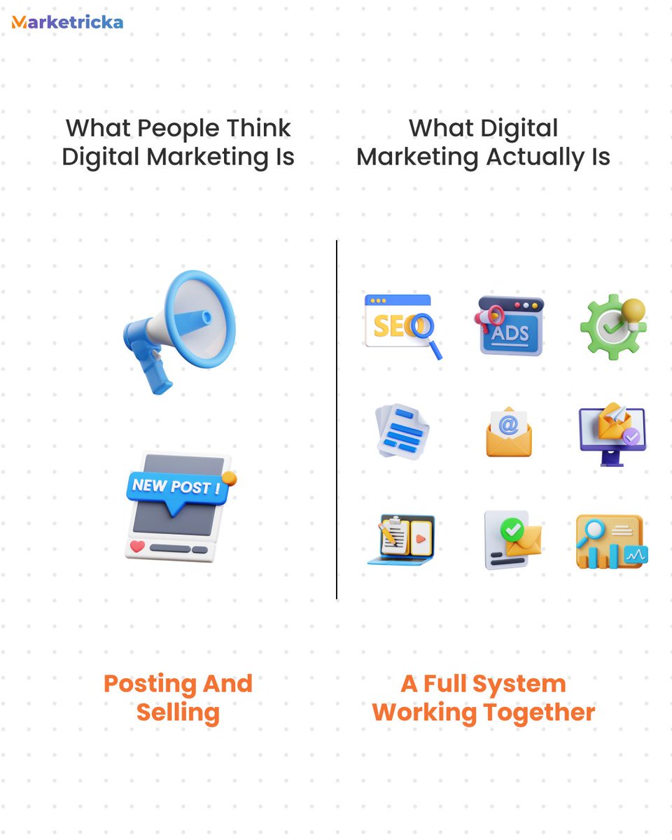 marketricka__'s tweet image. A lot of people think #digitalmarketing is just about posting content and selling. But in reality, it’s so much more than that.

SEO, ads, content, email, analytics &amp;amp; strategy drive real growth. It's is a full system, not just a single action.

#MarketingStrategy #MarketingHacks