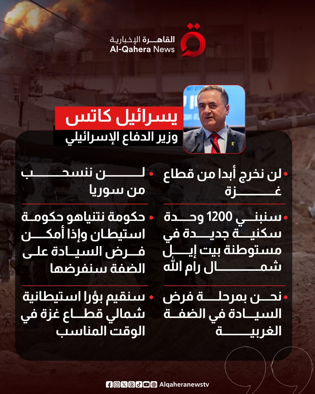 "لن نخرج أبدًا".. تصريحات وزير الدفاع الإسرائيلي يسرائيل كاتس حول مستقبل قطاع غزة و #الضفة_الغربية 