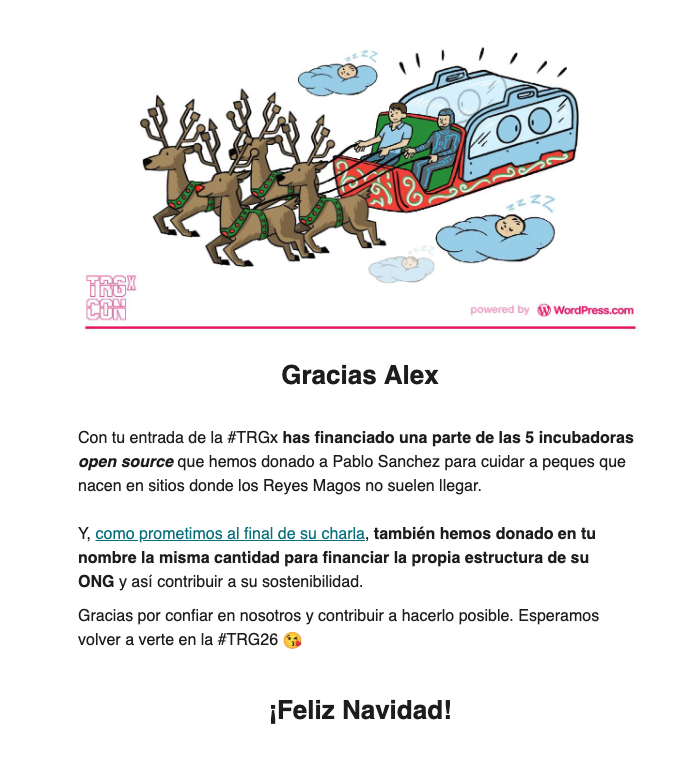 La gente de la <a href="/tarugoconf/">TRGCON</a> juega a otra cosa.

Y lo juega muy bien :-)

Pd. Para conocer más del proyecto al que han donado, aquí:

- medicalopenworld.org/quienes-somos/
- La charla, espectacular, que dió el fundador en la propia TRGCON: vimeo.com/1133381222?fl=…