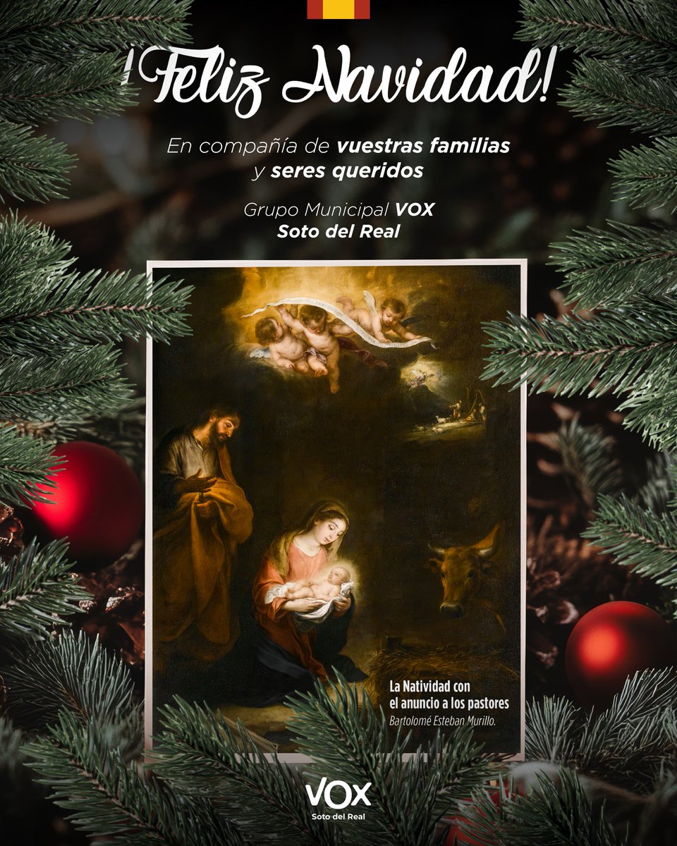 Vox_SotoDelReal's tweet photo. Desde el Grupo Municipal VOX Soto Del Real, os deseamos que viváis unas Navidades cargadas de tradición e ilusión. Y que el 2026 sea un año repleto de éxitos que nos hagan recuperar una España unida, próspera y segura.

¡FELIZ NAVIDAD A TODOS!

#sotodelreal #navidad #familia #vox https://t.co/D4iSXkWsFf