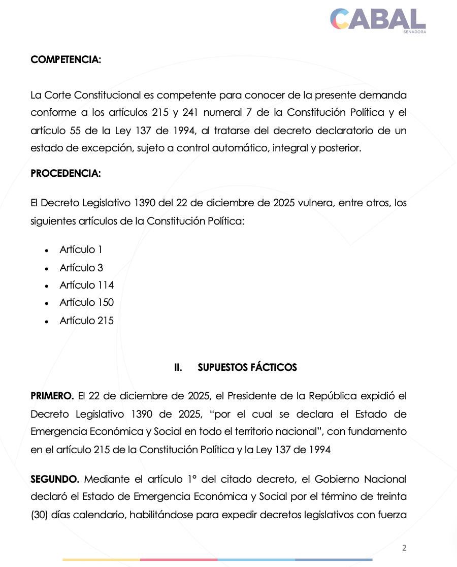 MariaFdaCabal's tweet photo. Acabo de radicar ante la Corte Constitucional acción de inconstitucionalidad contra el Decreto 1390 de 2025, mediante el cual el Gobierno Petro declaró un estado de emergencia económica y social sin cumplir los requisitos del artículo 215 de la Constitución. 

La emergencia no puede usarse para corregir errores de planeación ni para imponer por decreto lo que el Congreso negó democráticamente.

El déficit fiscal y el hundimiento de una ley de financiamiento no son hechos sobrevinientes ni imprevisibles.

Es el turno para que la Corte proteja la separación de poderes y el bolsillo de los colombianos saqueado por el gobierno socialista de Petro.