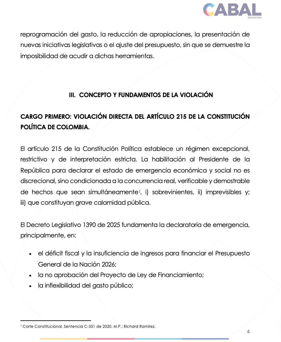 MariaFdaCabal's tweet photo. Acabo de radicar ante la Corte Constitucional acción de inconstitucionalidad contra el Decreto 1390 de 2025, mediante el cual el Gobierno Petro declaró un estado de emergencia económica y social sin cumplir los requisitos del artículo 215 de la Constitución. 

La emergencia no puede usarse para corregir errores de planeación ni para imponer por decreto lo que el Congreso negó democráticamente.

El déficit fiscal y el hundimiento de una ley de financiamiento no son hechos sobrevinientes ni imprevisibles.

Es el turno para que la Corte proteja la separación de poderes y el bolsillo de los colombianos saqueado por el gobierno socialista de Petro.
