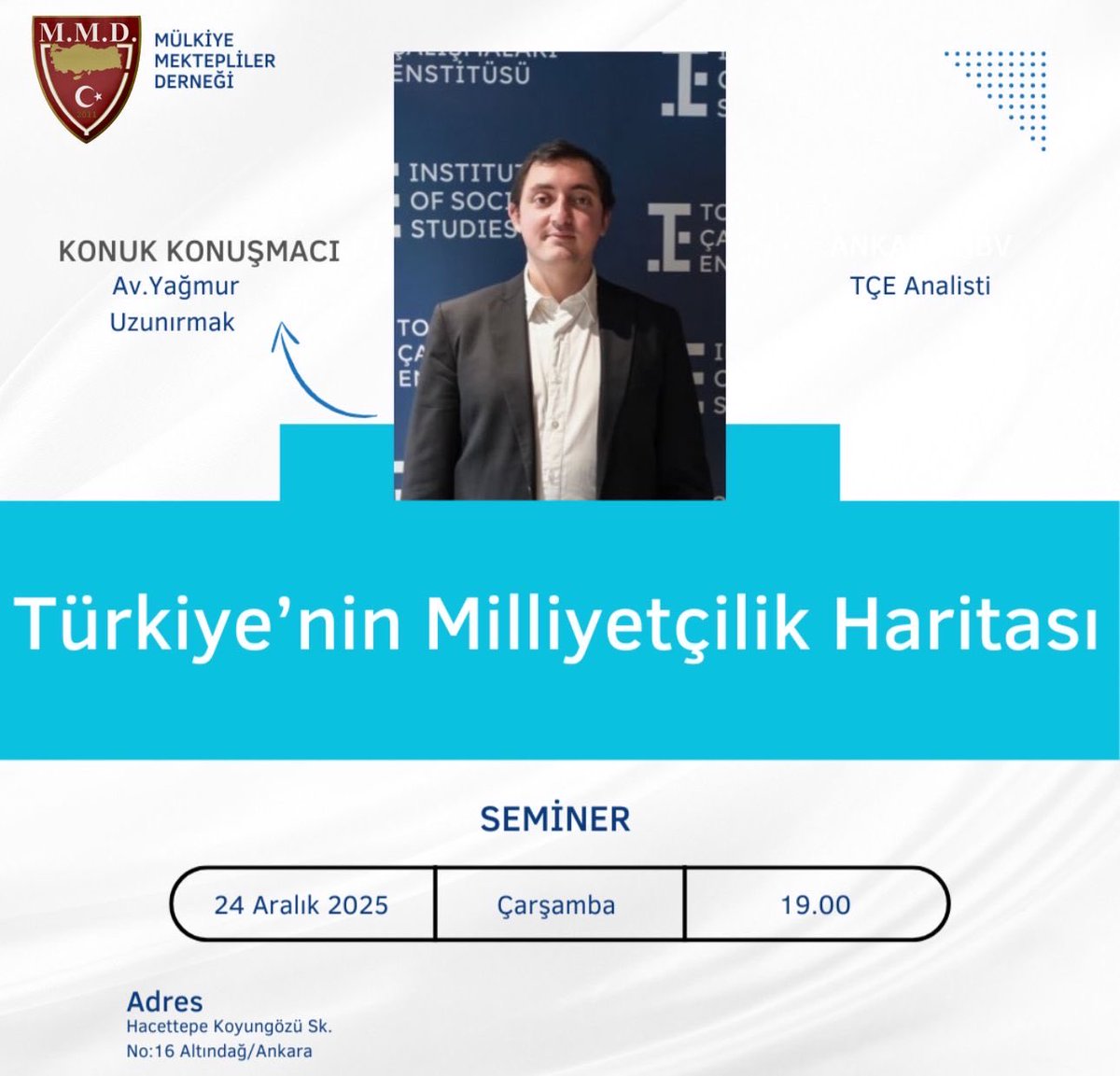 Mülkiye Mektepliler Derneği’nde bu hafta, Avukat Yağmur Uzunırmak ile Türkiye’nin Milliyetçilik Haritası’nı ele alıyoruz. 24 Aralık Çarşamba günü saat 19.00’ da gerçekleştirilecek olan etkinliğimize, tüm akademisyenler, öğrenciler ve ilgililer davetlidir.