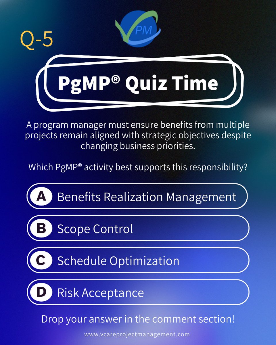 PgMP® Quiz Time! Think beyond projects focus on alignment, benefits, and governance. What’s the best program-level decision? 👇
#PgMP #ProgramManagement #Leadership