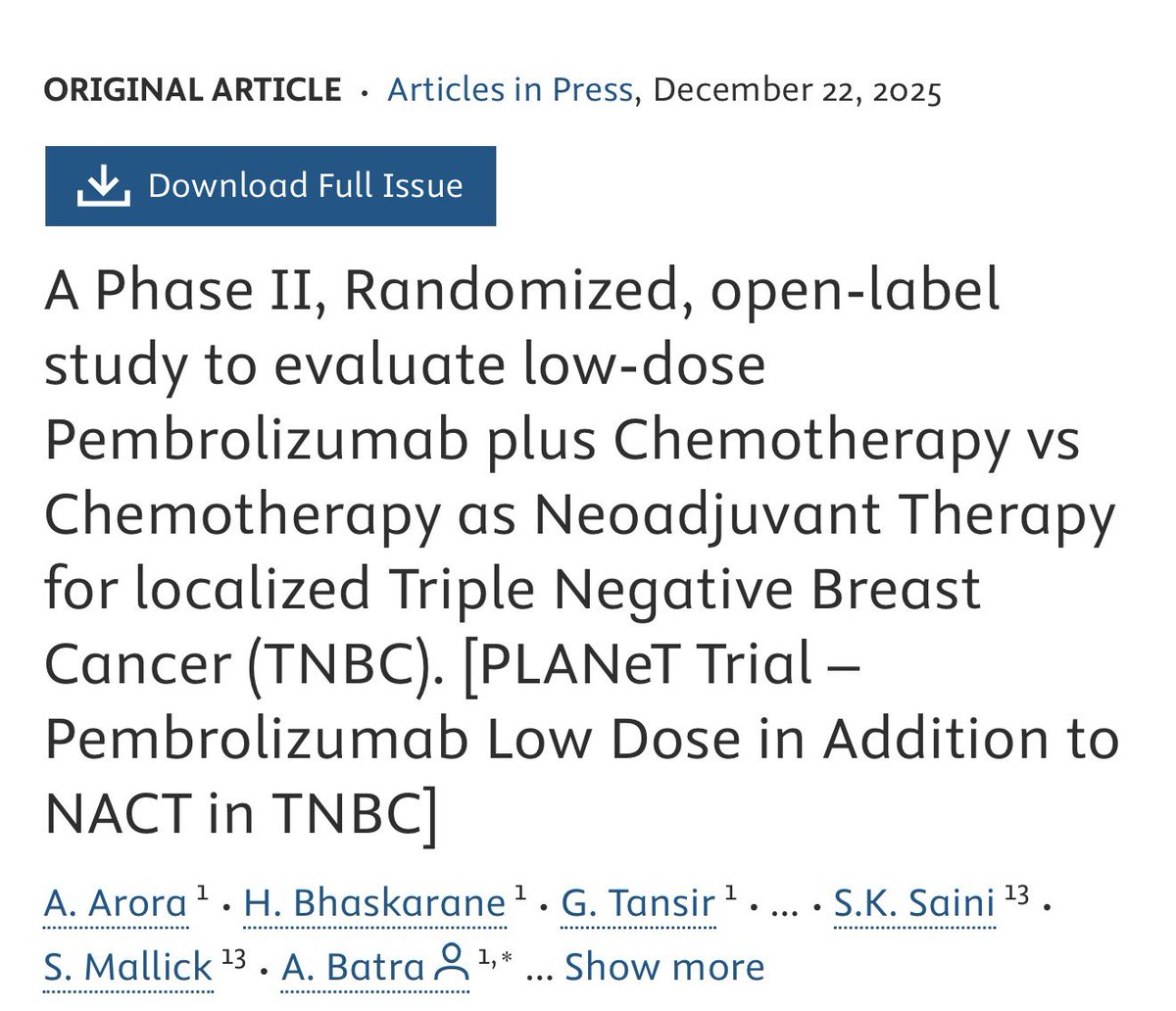 Dr_ElvinaA's tweet image. PLANeT trial challenges how we dose immunotherapy in early TNBC:
Low-dose pembrolizumab (50 mg q6w ×3) + NACT → Meaningful pCR improvement (+13.3%) → Efficacy signal comparable to KEYNOTE-522 → No increase in grade ≥3 toxicity
Smarter dosing matters.

#TNBC #Immunotherapy
