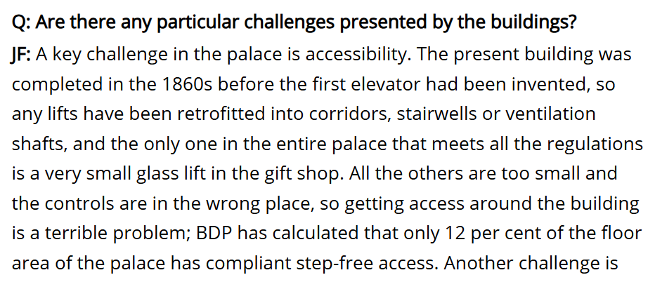 maxtempers's tweet image. EVERY SINGLE lift (barring one) in Parliament will have to be re-fitted to meet modern accessibility regulations. That is the 'key challenge' in the Parliament Restoration project, according to the architectural lead.

No British govt project can stick to its original remit.