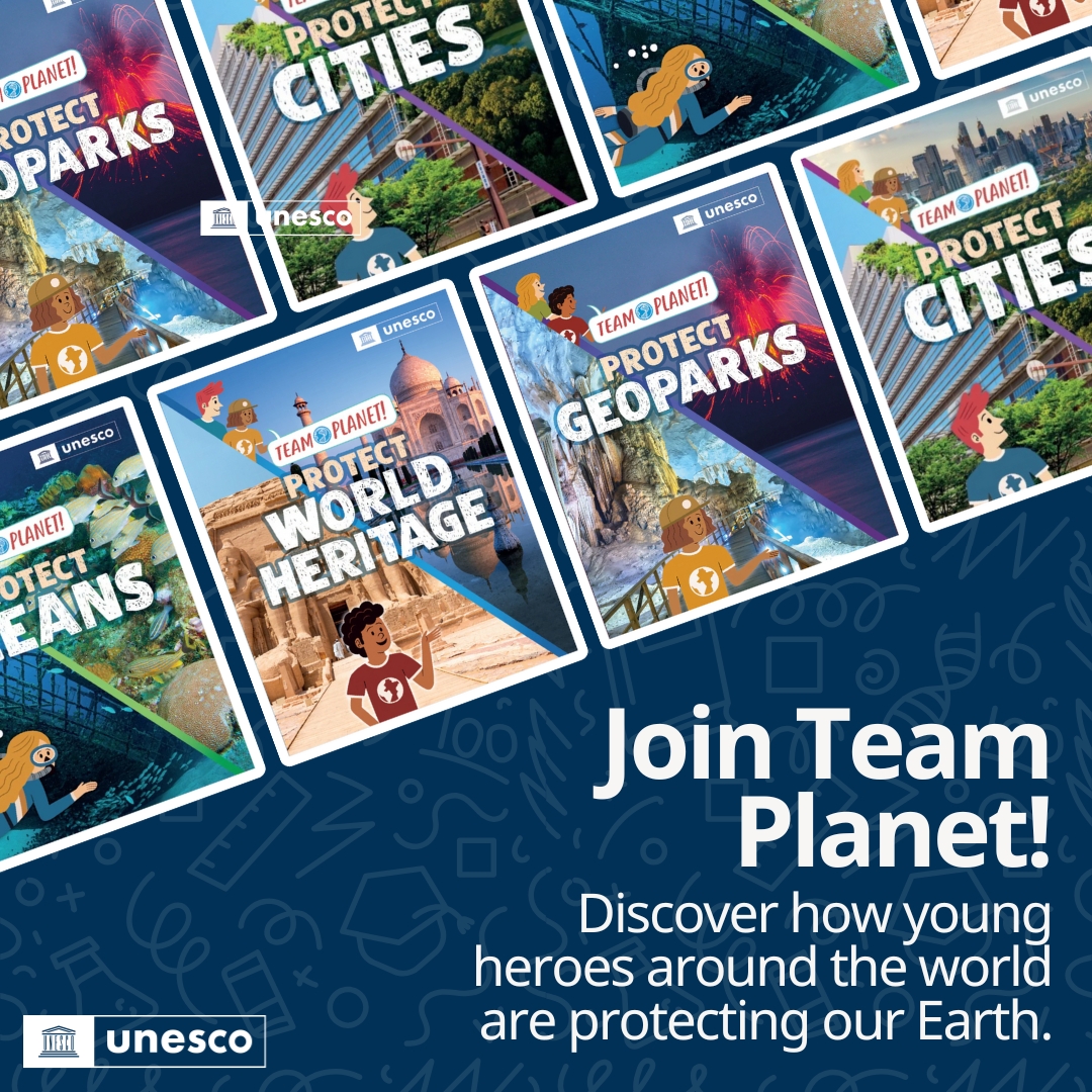UNESCO's tweet photo. Join Team Planet and explore UNESCO #WorldHeritage sites, #BiosphereReserves, #Geoparks, #Ocean, and #Cities.

Each book helps children understand how our planet is changing—and how they can help protect it, one adventure at a time.

Grab your copy today: https://t.co/jIjxsWW9ZR https://t.co/fhYbLcdgxV