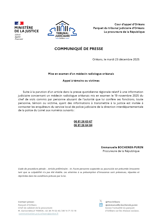 📣#AppelÀTémoins | Les enquêteurs <a href="/PoliceNat45/">Police Nationale 45</a> recherchent toute information concernant un médecin radiologue orléanais mis en examen le 19 novembre 2025 du chef de viols commis par personne abusant de l’autorité que lui confère ses fonctions.

Notre communiqué de presse📷
