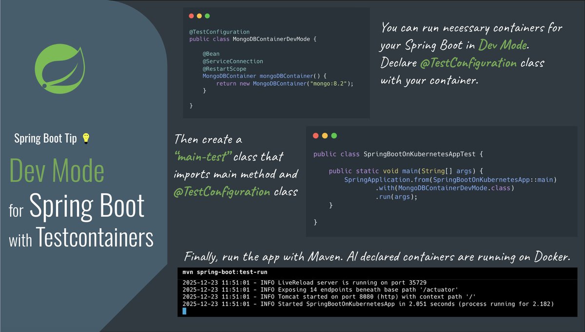 piotr_minkowski's tweet image. Spring Boot Tip 💡

With Spring Boot "Dev-Test"🍃, you can automatically run all dependent containers🐳, such as the database, alongside your application with a single `mvn spring-boot:test-run`🚀 command. 

🏷️ #springboot #testcontainers #devmode