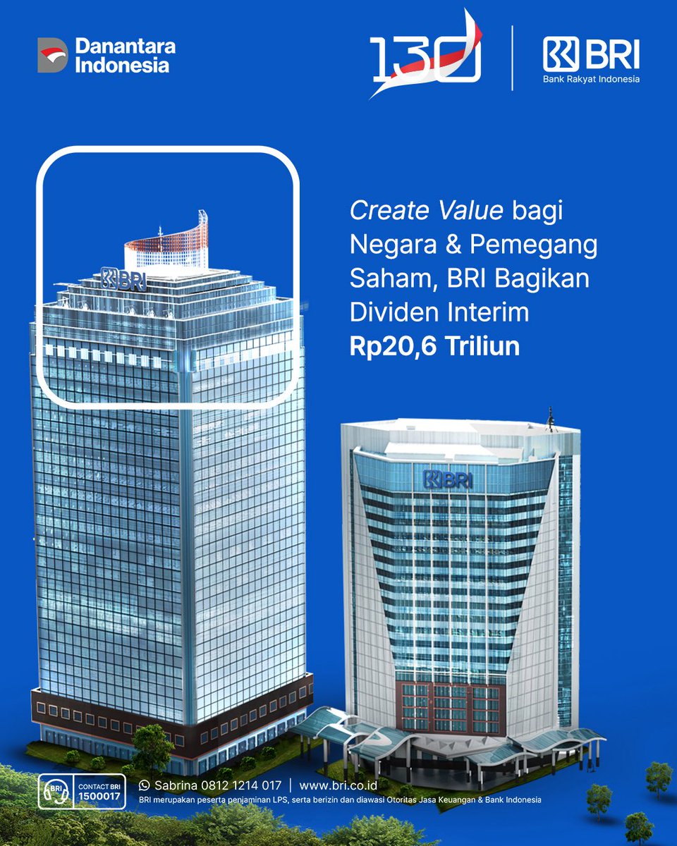 BANKBRI_ID's tweet photo. Hai Sobat BRI!👋🏼

Didukung kinerja keuangan yang solid, BRI akan membagikan Dividen Interim Tahun Buku 2025 sebanyak-banyaknya lebih dari Rp20 triliun, selamat bagi para pemegang saham BBRI!

BRI akan terus memperkuat peran sebagai universal bank untuk pertumbuhan berkelanjutan yang mendorong ekonomi Indonesia. ✨

#BRI
#SatuBankUntukSemua
#HUT130BRI