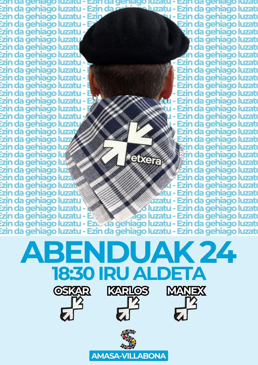 ehbilduAmasaVil's tweet photo. Bat egiten dugu euskal presoen eskubideen eta elkarbizitzaren alde @SareBillabona-k gabon hauetan deitutako mobilizazioekin:
▶️Abenduak 24, 18:30: Giza-katea Iru Aldetatik.
▶️Abenduak 31, 18:30: manifestazioa Zizurkil-Villabona artean.
#EzinDaGehiagoLuzatu #OskarKarlosManexETXERA https://t.co/UNBOgLLlwL