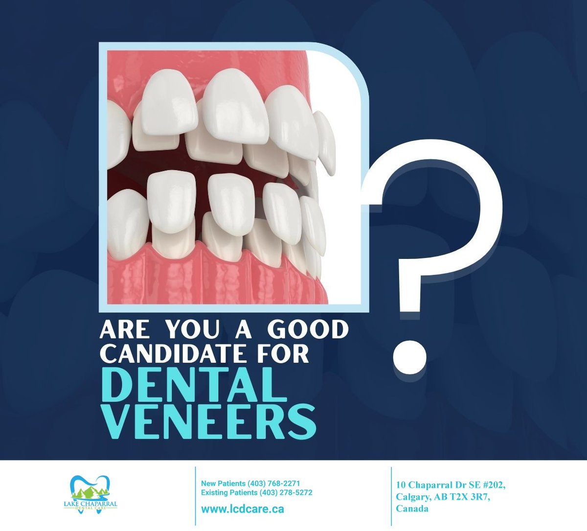 ChaparralLake's tweet photo. If you have chipped, broken, stained, or misshapen teeth, then you may be the ideal candidate for dental veneers. Discover the benefits of veneers at https://t.co/FgfSMDQ3Kr #dentalveneers #veneers #beautifulsmile #calgary #AB #lakechaparraldentalcare https://t.co/WSRlgEUCdw