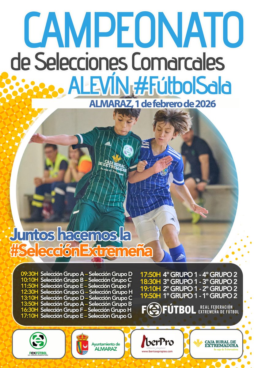 FedExFutbol's tweet photo. 🥅 | #FútbolSala |

⏰Horarios confirmados para los campeonatos de 🎖𝐒𝐄𝐋𝐄𝐂𝐂𝐈𝐎𝐍𝐄𝐒 𝐂𝐎𝐌𝐀𝐑𝐂𝐀𝐋𝐄𝐒 Benjamín y Alevín Fútbol Sala que se disputarán en 📍Almaraz los días 11 de enero y 1 de febrero respectivamente.

🔗+INFO 👉https://t.co/ufnVaG0UYm

#Extremadura💚🤍🖤
#JugamosEnEquipo
