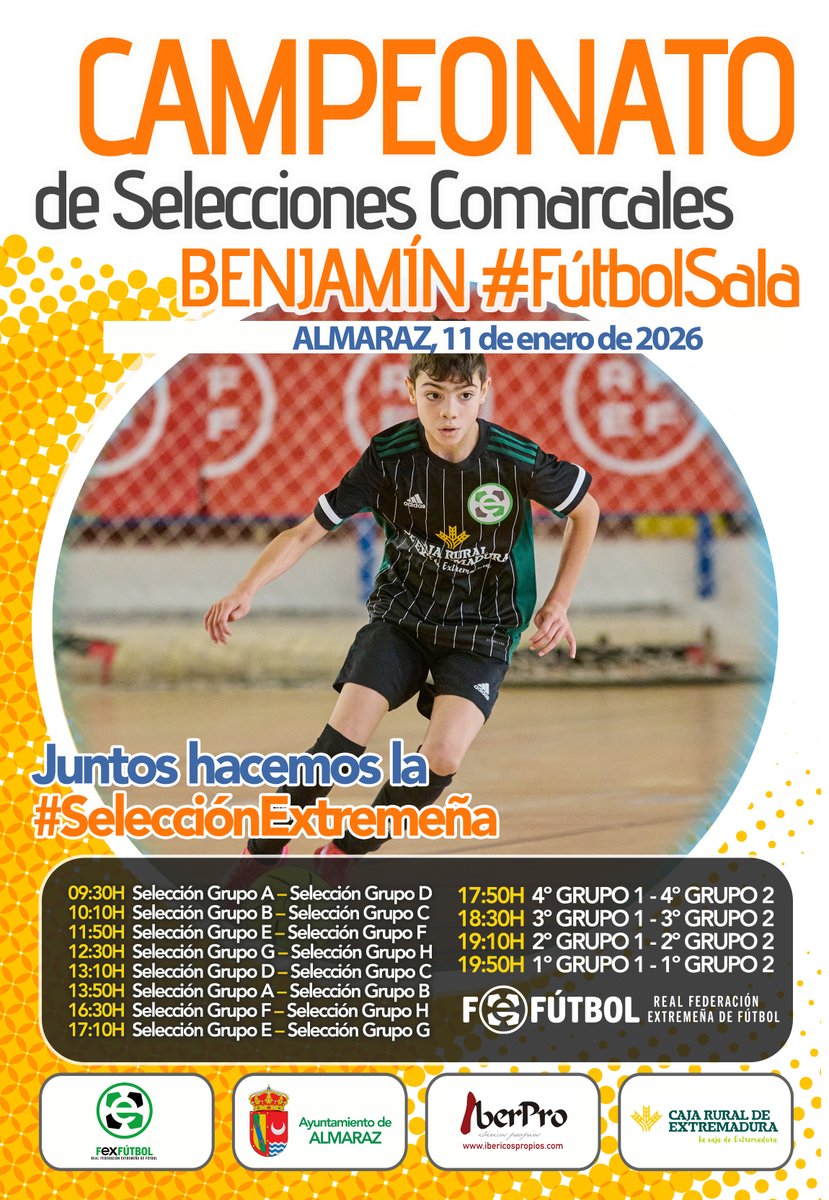 FedExFutbol's tweet photo. 🥅 | #FútbolSala |

⏰Horarios confirmados para los campeonatos de 🎖𝐒𝐄𝐋𝐄𝐂𝐂𝐈𝐎𝐍𝐄𝐒 𝐂𝐎𝐌𝐀𝐑𝐂𝐀𝐋𝐄𝐒 Benjamín y Alevín Fútbol Sala que se disputarán en 📍Almaraz los días 11 de enero y 1 de febrero respectivamente.

🔗+INFO 👉https://t.co/ufnVaG0UYm

#Extremadura💚🤍🖤
#JugamosEnEquipo