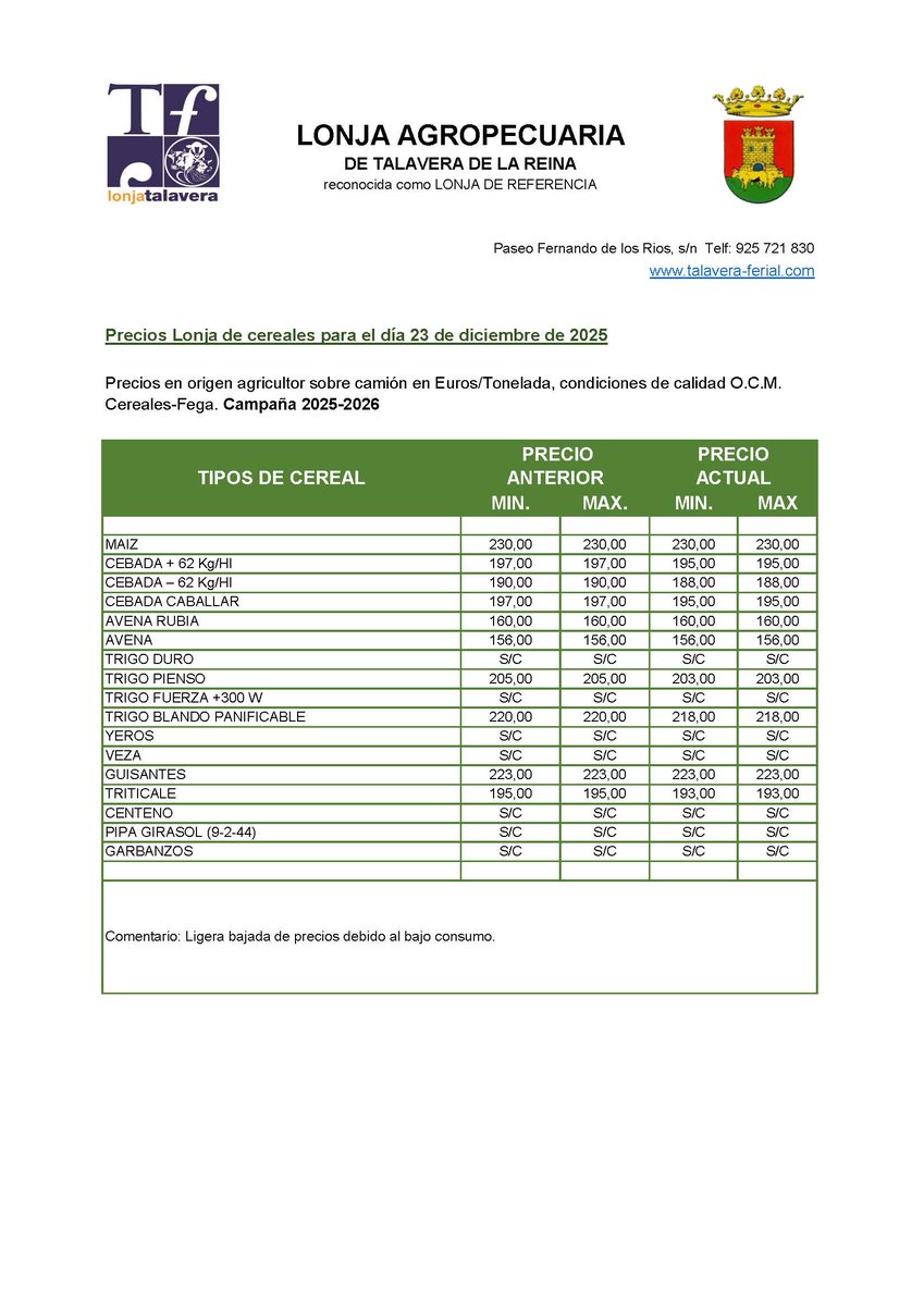 LONJA AGROPECUARIA DE TALAVERA DE LA REINA
Cotizaciones de las Mesas de Precios celebradas el día 23 de diciembre de 2025
👉 Mesa de Precios #vacuno
👉 Mesa de Precios #ovino y #Caprino y Ovino
👉 Mesa de Precios #cereal
.
.
#lonjaagropecuariatalavera #Talavera #lonjatalavera