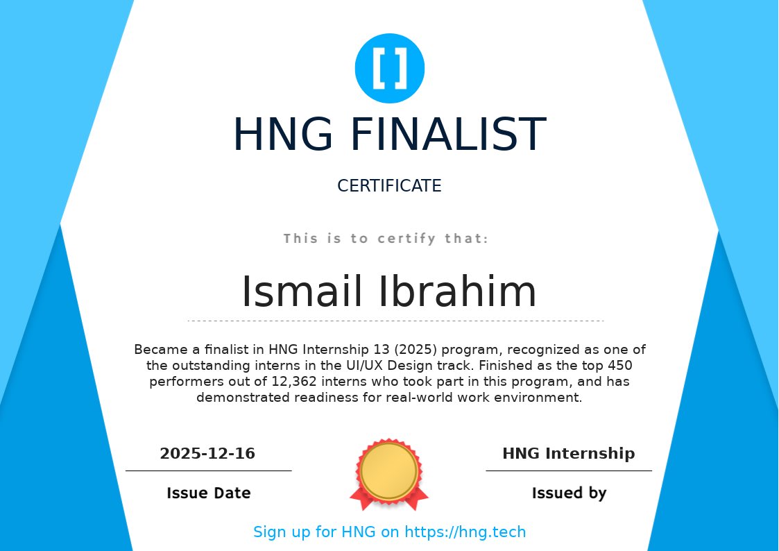 Ismaildesignss's tweet photo. I’m happy to share that I’ve obtained a new certification at HNG Tech. 🎉

I officially rounded up my HNG Internship on November 13th, and I’m incredibly grateful for the journey. Scaling through 10 intense stages wasn’t easy, it demanded consistency, resilience, problem-solving, https://t.co/9stzIk6BWU