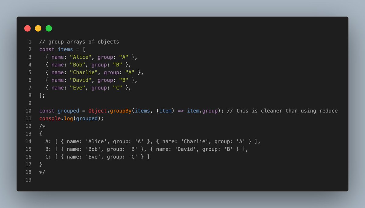 higheartspicy's tweet image. Programming tips;
JavaScript tips:

Grouping array of objects based on a field. In the place of ‘reduce’ you can use ‘groupBy()’ which is a simple approach.

#programming #javascriptfundamentals #javascript #WebDevelopment
