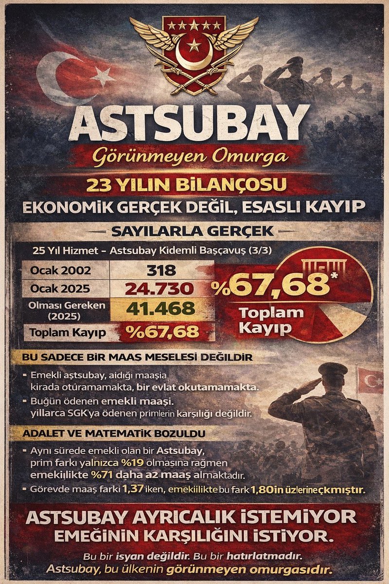 Adalet yerini bulsun istese kıyamet kopsun. 50 yıldır ötelenen hak kayıpları ve Astsubaylar onur mücadelesi artık toplumda daha da çok görünür olmuştur. Bu adaletsizlik bitmelidir ve hak teslim edilmelidir. #UnutulanAstsubaylar