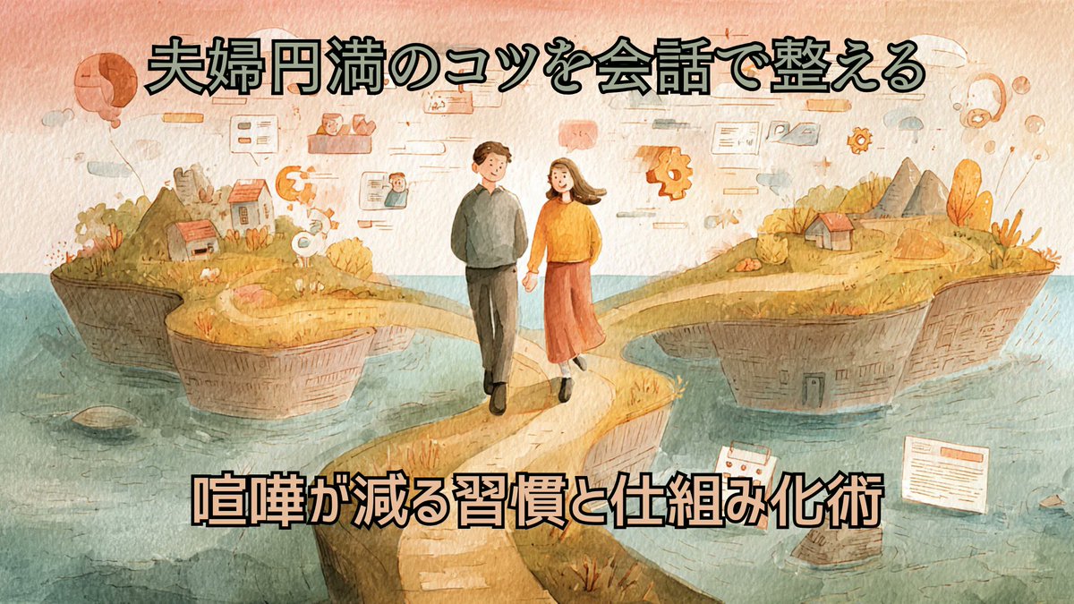 夫婦円満って、気合いじゃなくて「仕組み」でした🧩✨
会話がない日が続く…喧嘩が増える…家事とお金でモヤる…😇
それ、才能じゃなく“設計ミス”かも。
✅5分雑談の入口固定
✅責めない言い方（Iメッセージ）
✅仲直りの型
✅家事・家計のルール化
✅月1の夫婦会議（30分）
今日から1個だけでOK👍