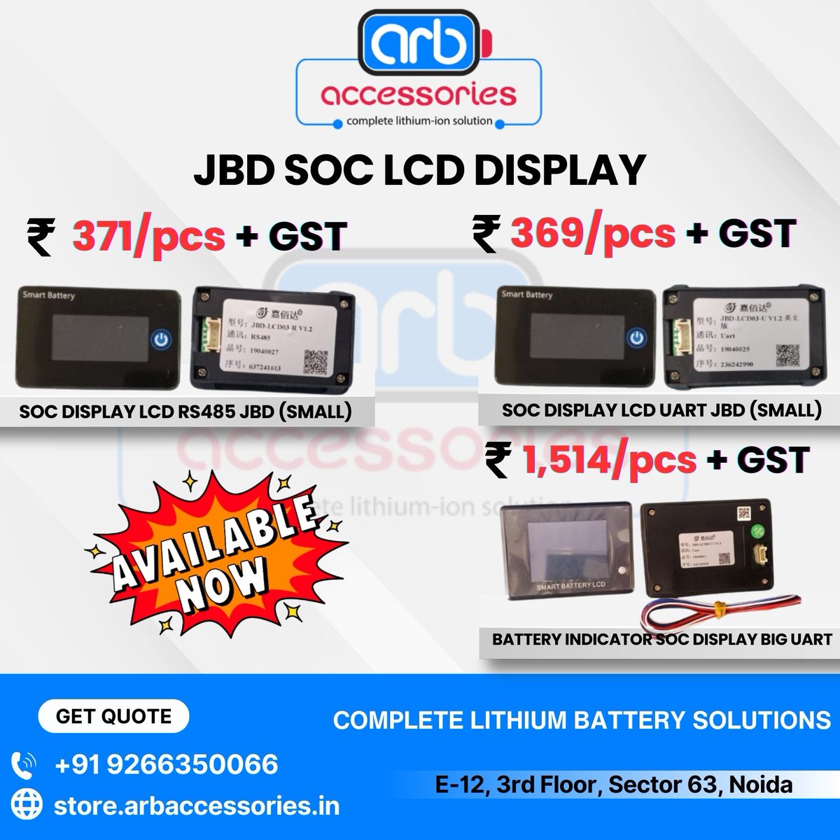 arb_ltd's tweet image. 🔋 Battery SOC  📊⚡

🔹 Digital Battery Indicator – Clear voltage &amp;amp; charge level display
🔹 JBD SOC LCD Display (Small)
  • RS485 Interface
  • UART Interface
🔹 JBD SOC Display (Big) 

🛒 Buy Now:
store.arbaccessories.in/category/batte…

#Arbaccessorie #BatteryIndicator #SOCDisplay #JBDSOC