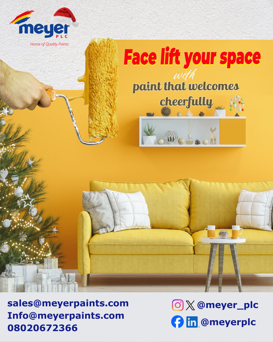 meyer_plc's tweet image. Festive moments are better in beautiful spaces.

Refresh your walls, brighten your rooms, and create a welcoming atmosphere that makes every visitor feel special this season.

#FestiveReady #WelcomeWithStyle #FestiveHome #PaintThatWelcomes #InteriorRefresh #SeasonOfJoy