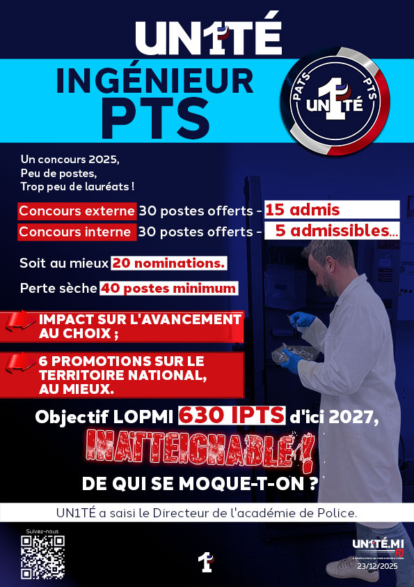 🔴 INGÉNIEUR PTS

Un concours 2025, 
Peu de postes,
Trop peu de lauréats !

▶ Concours externe 30 postes offerts - 15 admis
▶ Concours interne 30 postes offerts - 5 admissibles...

Soit au mieux 20 nominations.
Perte sèche 40 postes minimum

👉 Impact sur l'avancement au choix