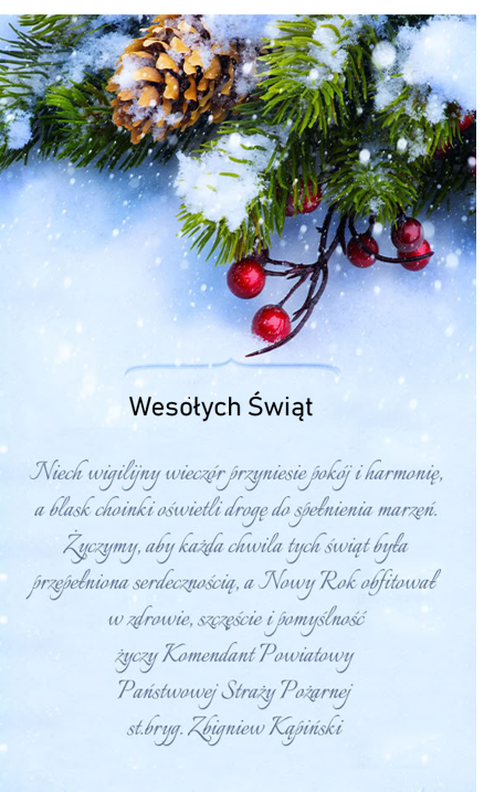 Życzenia Komendanta Powiatowego Państwowej Straży Pożarnej w Żurominie st. bryg. Zbigniewa Kąpińskiego🎄🌠