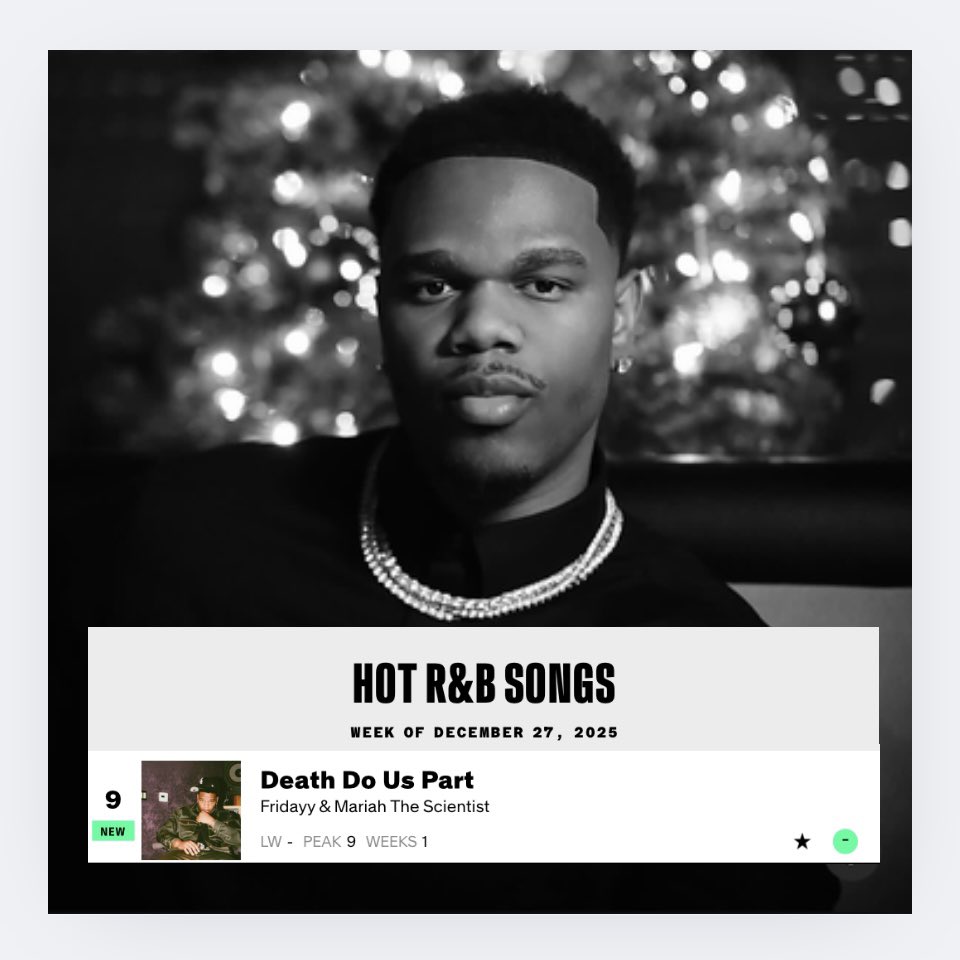 FridayyStats's tweet image. .@fridayy’s “Death Do Us Part” w/ Mariah the scientist debuts at #9 on this week’s Billboard Hot R&amp;amp;B Songs Chart📈