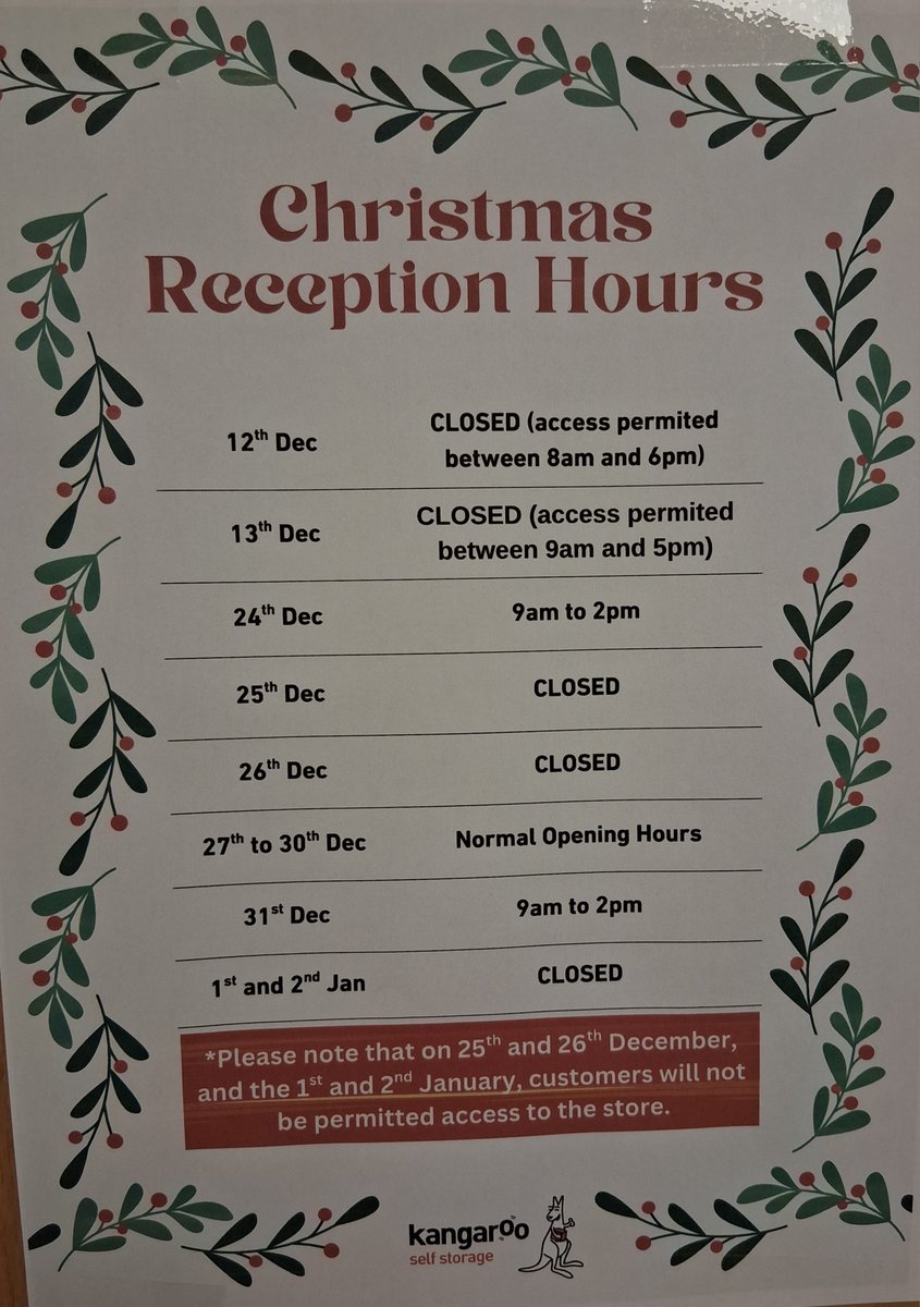 KangarooDundee's tweet image. Just a quick reminder to all our customers that our Christmas/New Year opening hours are as below #KANGAROOSELFSTORAGE #KSSDUNDEE