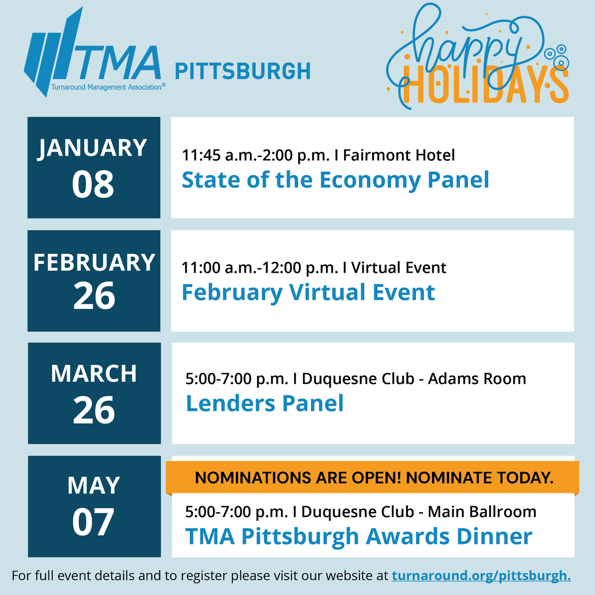 TMAPittsburgh's tweet photo. We want to express our heartfelt gratitude and extend warm wishes to each of you for your ongoing support, collaboration, and commitment to TMA Pittsburgh.

We wish you a happy, healthy, and prosperous New Year and look forward to seeing you at one of these events in 2026! https://t.co/VWSxLzz4Yz