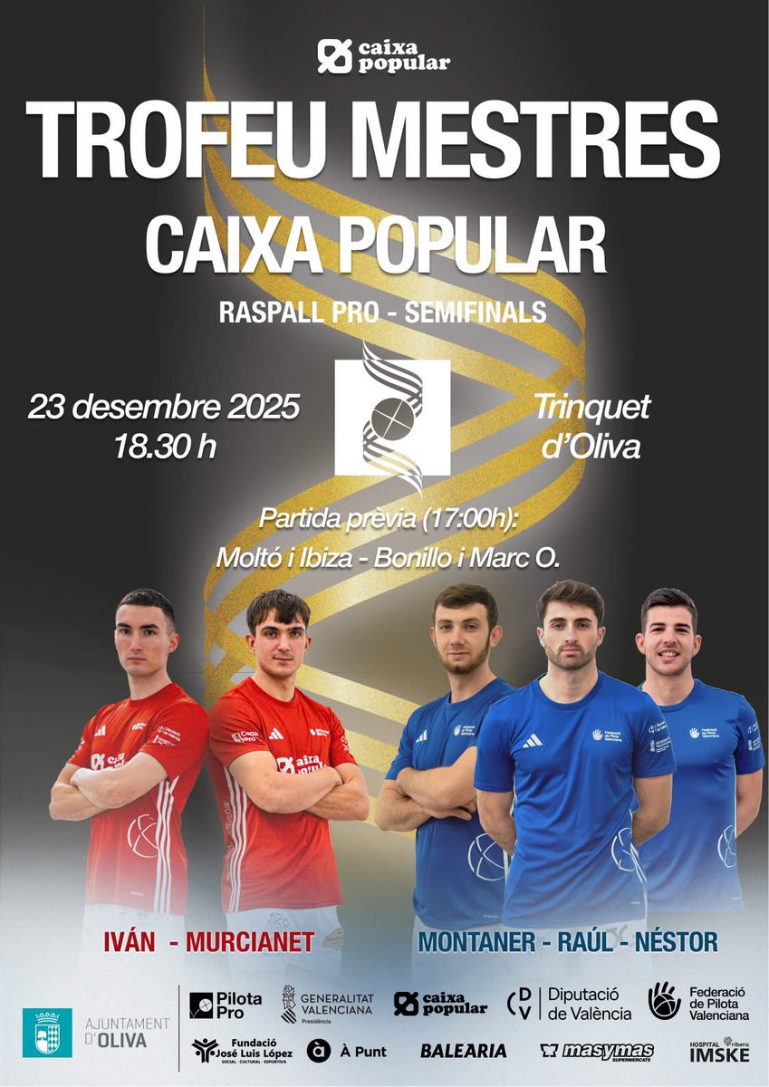 Triple sessió, hui 23 de desembre  3 grans partides:

⚔️ Semifinals del Trofeu Mestres al trinquet d'Oliva
⚔️ Semifinals del XXXVI Trofeu de Nadal Memorial Vicente Pérez Devesa al trinquet de Benidorm
🏆 Final del Trofeu de Nadal 'El Rullo' de Riba-roja
<a href="/BFrediesport/">Botiga Frediesport</a>