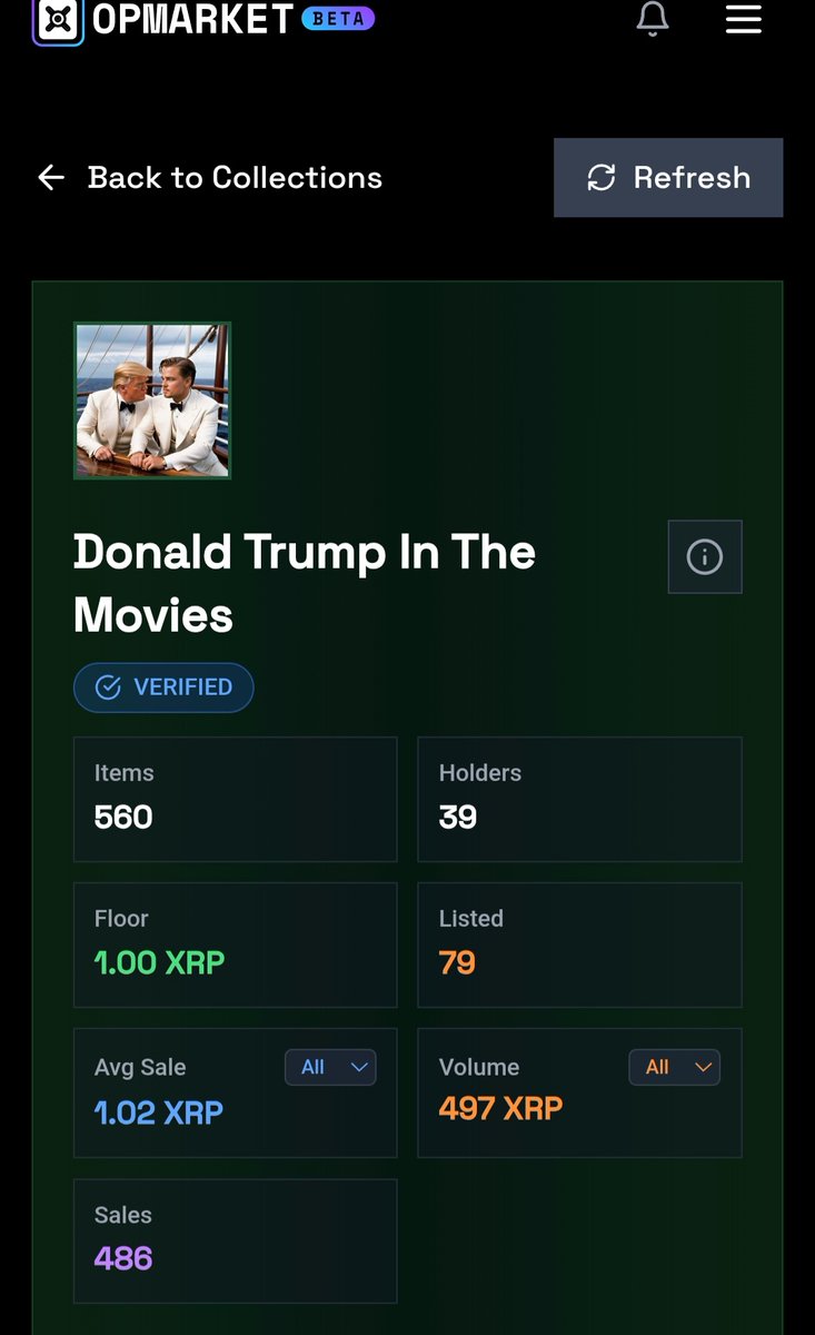 Donald Trump In The Movies is now available on <a href="/opmarketai/">OPMarket // XRP Marketplace</a> 
560 collection,only 79 available at initial 1xrp,38 unique holders 
<a href="/Wilson_hj1970/">Johnny</a> <a href="/dutchemu/">DutchEmu NFT</a> <a href="/Keithbbbbbbb/">Keith.xrp</a> <a href="/Alleskannieuw2/">Alleskannieuw2</a> <a href="/XRPLBagHolder/">XRPLBagHolder</a> <a href="/DubDoubleO8/">Dub Will ⚔️</a>