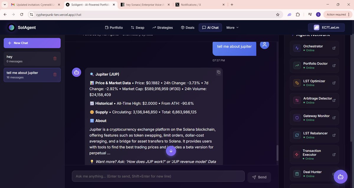 SolAgentHQ's tweet photo. We aren't just giving you data; weโre giving you an edge. From real-time supply metrics to $JUP historical performance, our agents are built to scan the noise and find the signal.
Ask anything. The agent is waiting.
#SolanaAgents #Web3AI #SolAgent $JUP $SOL https://t.co/HGYep5zJG3