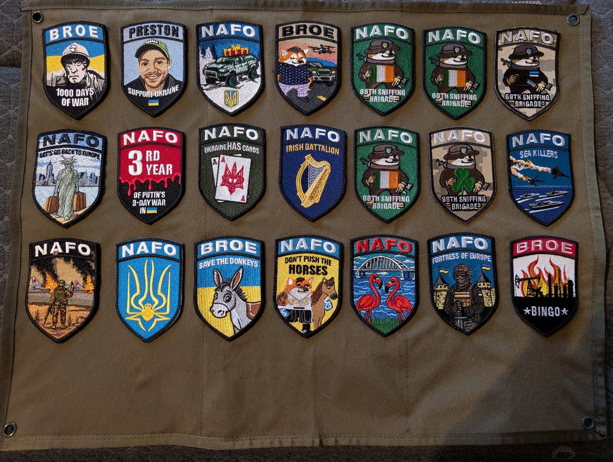 T1Shenanigans's tweet photo. Patch wall update,
No 21 added, @RealJakeBroe Refinery Fires, keeping Russia warm this Christmas. Happy Christmas to everyone in the @69thSB 
Slava Ukraine, Ukraine Abú. 🇺🇦🇪🇺🇮🇪
#NAFO #nafo69thsniffingbrigade #jakebroe #StandWithUkraine #NAFOIrishBattalion #patch #patchwall https://t.co/sHmTNfpGn2