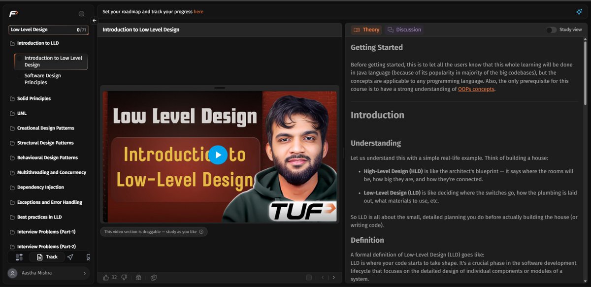 maasthaa's tweet photo. So I decided purchase the LLD course at TUF+. It covers OOPs, Low-Level Design, and SQL.

I’ve already completed most of the DSA from the A2Z sheet, so moving into design felt like the right next step.

I’ll share a review after a week or so. https://t.co/OD8SdLdw6N