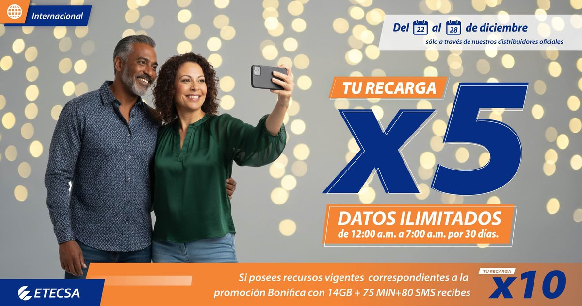 Promoción de #RecargaInternacional Quintuplica + datos ilimitados, vigente hasta el 28 de diciembre.