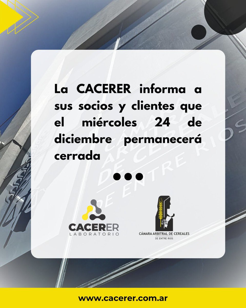 ✅ La CACERER informa a sus socios y clientes que el miércoles 24 de diciembre permanecerá cerrada