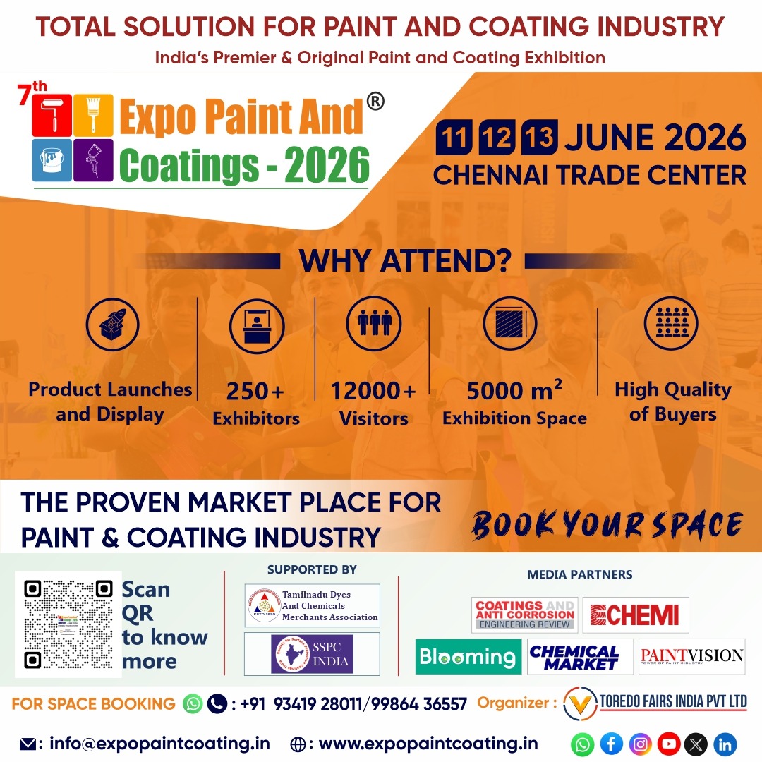 ✨ 7th Expo Paint &amp; Coatings 2026  
📍 Chennai Trade Centre, Tamil Nadu
📌 11–13 June 2026
Step into the world of innovation at the 7th edition of Expo Paint &amp; Coatings! 
#ExpoPaintAndCoatings2026 #toredofairs #epc2026 #expopaint #surfentech #pipesexpo #tubesexpo #coatingstech