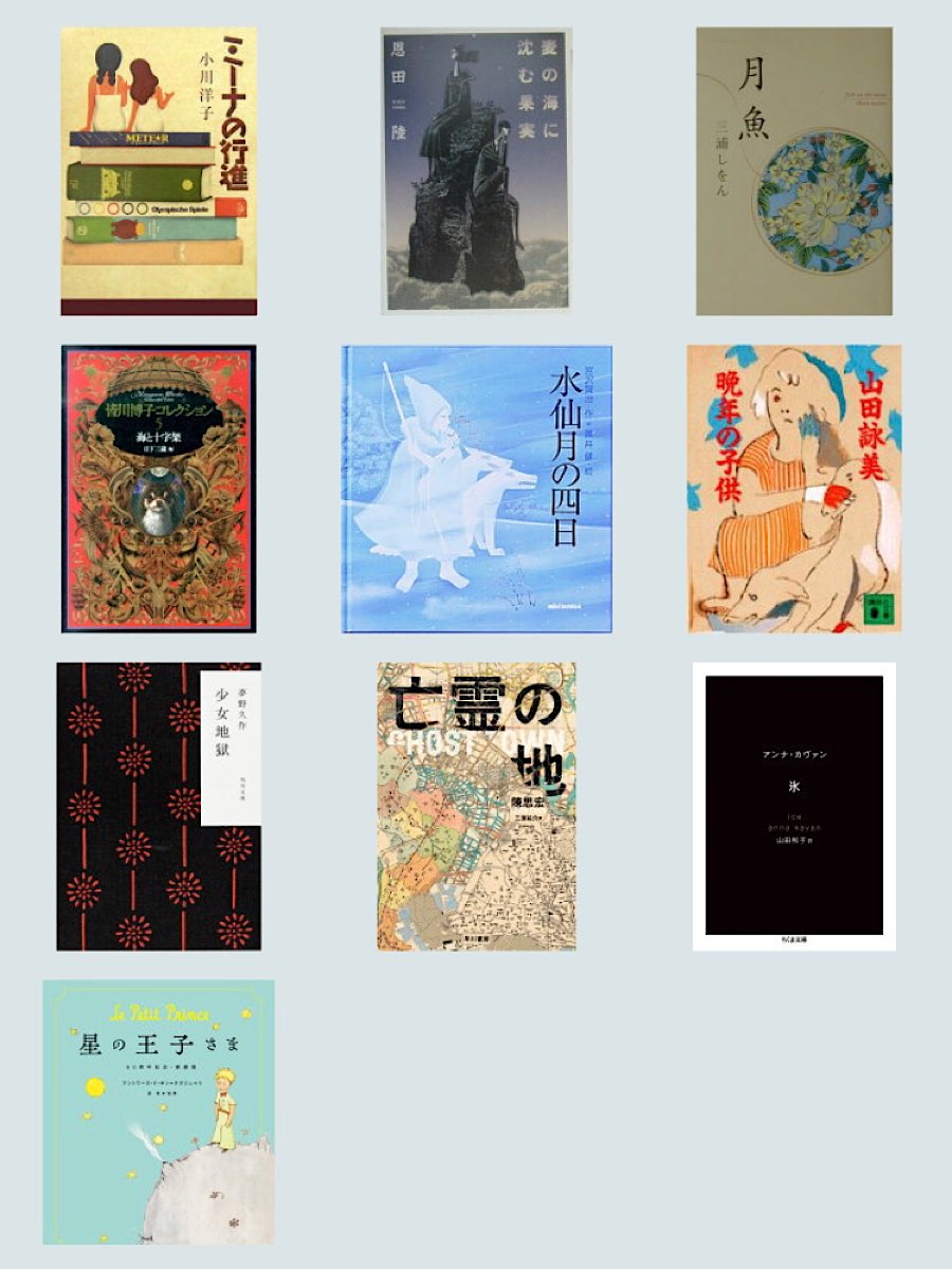 #名刺代わりの小説10選
『ミーナの行進』小川洋子
『麦の海に沈む果実』恩田陸
『月魚』三浦しをん
『海と十字架』皆川博子
『水仙月の四日』宮沢賢治
『晩年の子供』より「ひよこの眼」
山田詠美
『少女地獄』夢野久作
『亡霊の地』陳思宏｜三須祐介 訳
『氷』アンナ・カヴァン｜山田和子 訳
