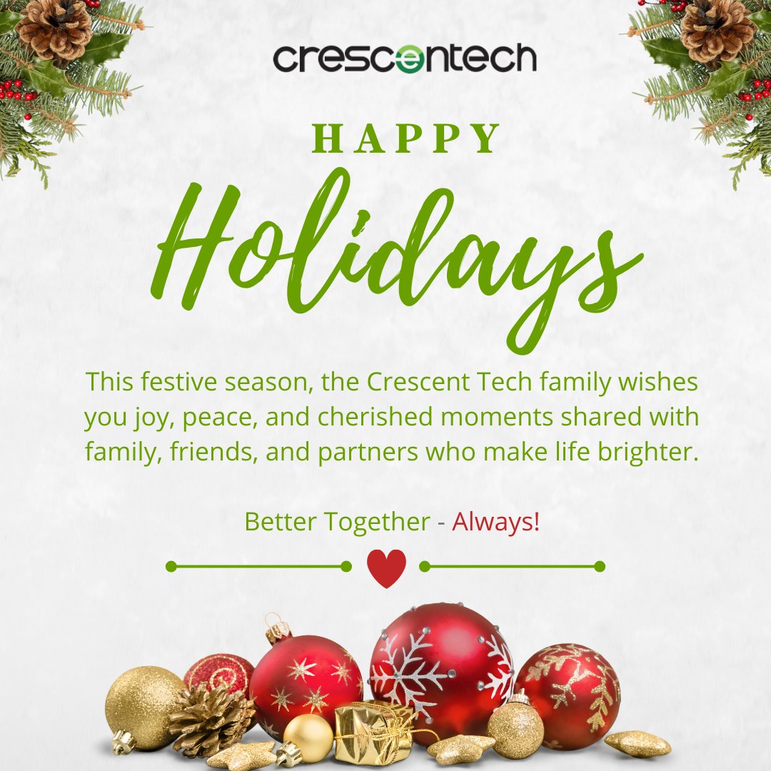 Festive wishes from the Crescent Tech team. Thank you for the trust and collaboration that made this year meaningful. Wishing you a warm and joyful Christmas. Please note our offices will be closed from 24th December and resume on 5th January.
#BetterTogether.