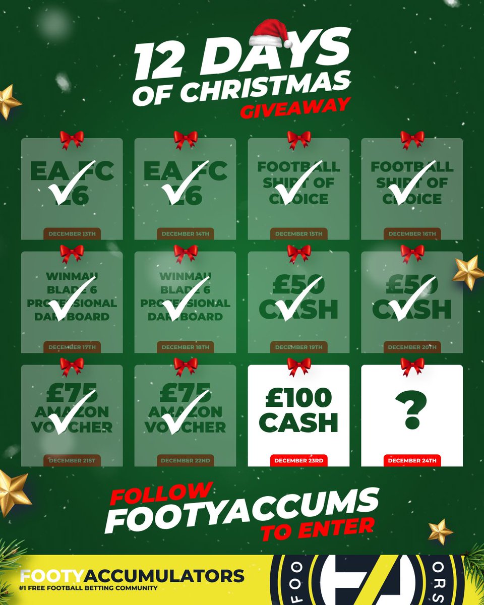 FootyAccums's tweet image. DAY 11 OF OUR 12 DAYS OF GIVEAWAYS! 🚨

WIN £100 CASH! 💰

RETWEET &amp;amp; FOLLOW TO ENTER! ✅

Winner picked TONIGHT @ 10pm - good luck! 🙏